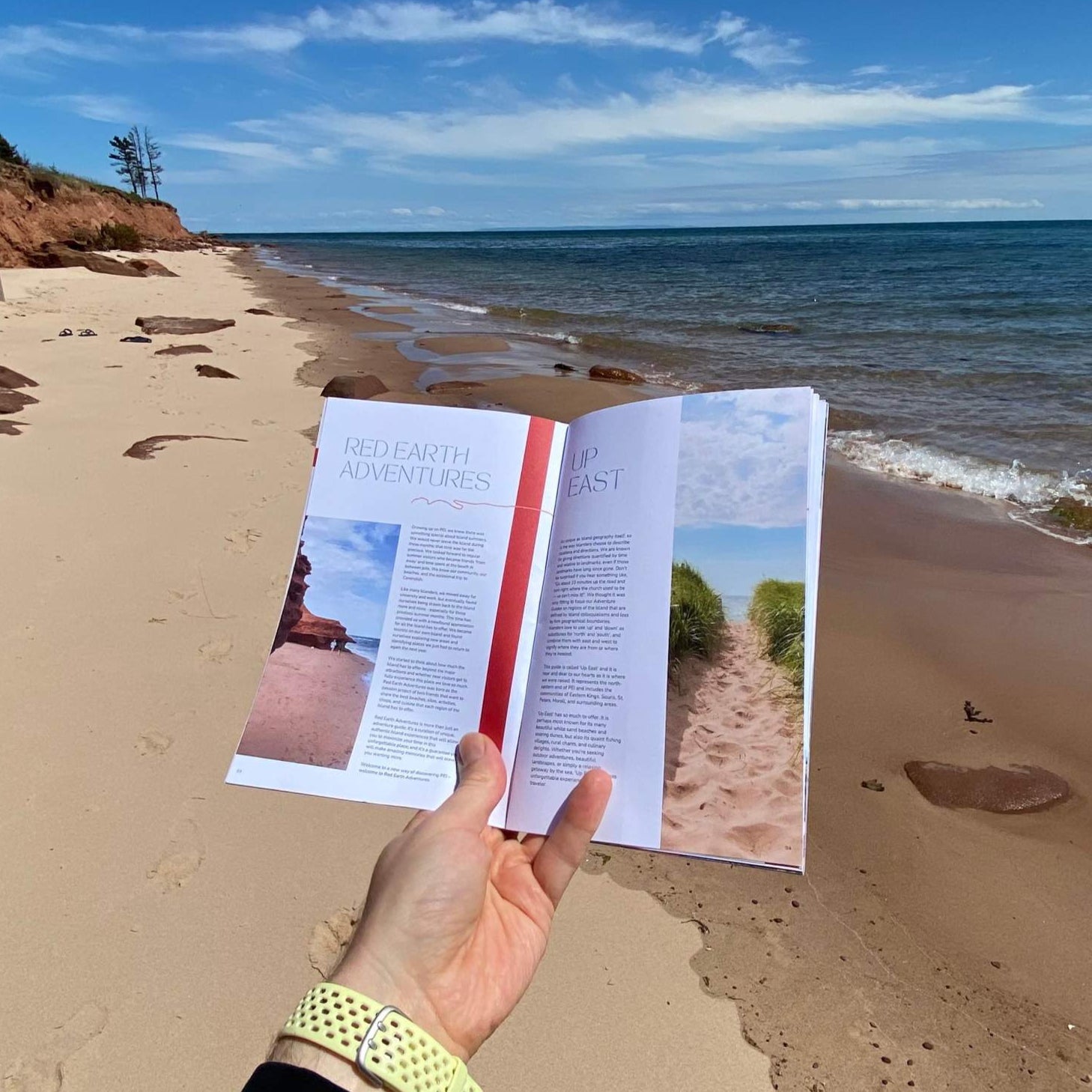 A hand holding Red Earth Adventure's Up East Guidebook while standing on a beach looking at the ocean.
