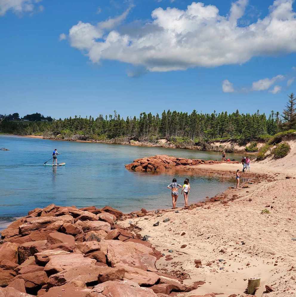 People having fun walking on beach. One man is paddle boarding in the ocean on PEI.